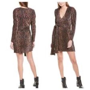 WAYF Riverside Dress Size S Pleated Long Sleeve Faux Wrap Mini Abstract Leopard